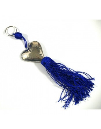 Décoration / Porte-clés artisanal coeur en métal argenté ciselé et pompon en sabra - Bleu 