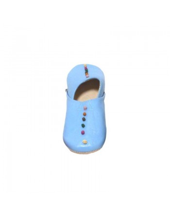 Babouche artisanale marocaine pour femme en cuir bleu-ciel avec nœuds décoratifs colorés 
