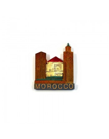 Magnet artisanal avec la Ménara - La Mosquée Hassan de Rabat et la mosquée Koutoubia de Marrakech (Morocco) 
