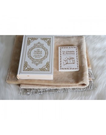 Pack Cadeau musulman : Coran bilingue français/arabe et La Citadelle du Musulman blancs dorés - Tapis de prière couleur... 
