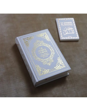 Pack Cadeau musulman : Coran bilingue français/arabe et La Citadelle du Musulman blancs dorés - Tapis de prière couleur... 
