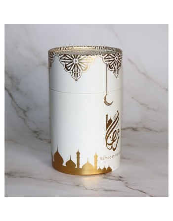 Coffret Cadeau "Ramadan Kareem" : Boite cadeau avec Tapis et Chapelet deluxe assorti - Couleur Blanc Doré 