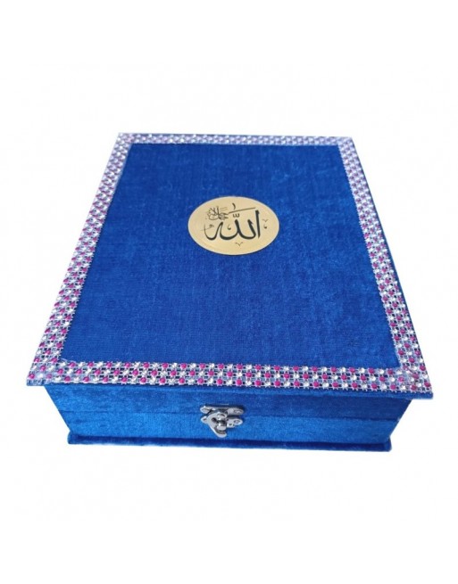 Coffret Cadeau en bois et velours pour Coran ou livres avec inscription islamique - Couleur bleu 