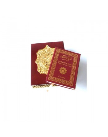 Coffret en bois et parties métalliques dorées avec Le Saint Coran Bilingue (français/arabe) couverture assortie 
