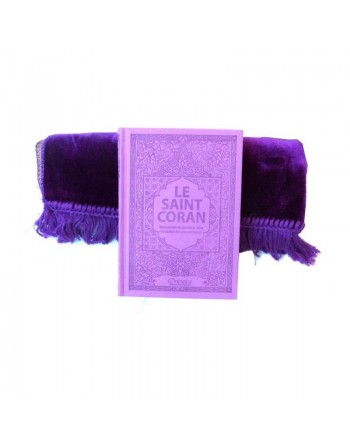 Pack cadeau pour femmes Le Saint Coran (arabe-français-phonétique) avec couverture cuir de luxe (mauve) + Tapis unis en velours 