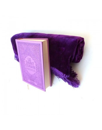 Pack cadeau pour femmes Le Saint Coran (arabe-français-phonétique) avec couverture cuir de luxe (mauve) + Tapis unis en velours 