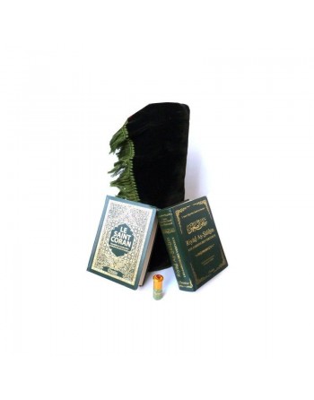 Pack cadeau hommes : Le Saint Coran (arabe-français-phonétique) + Riyâd As-Sâlihîne + Parfum musk Makkah (3ml) + Tapis de pri...