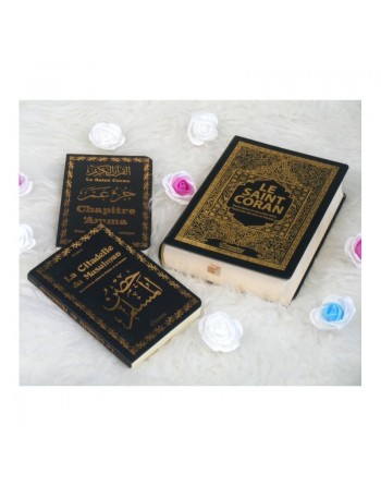 Pack Cadeau Noir doré (français/arabe/phonétique) pour homme : Le Saint Coran complet, Chapitre Amma (Juz' 'Ammâ) et La c... 