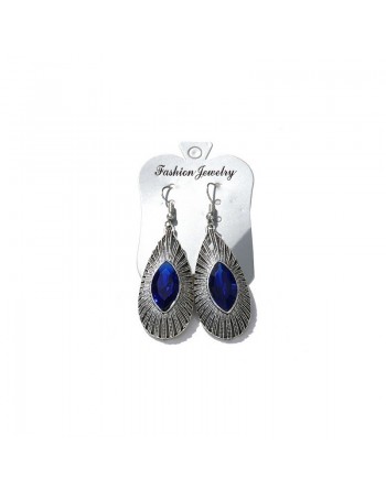 Boucles d'oreilles pendantes en métal argenté ciselé serties de pierres bleu 