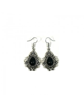Boucles d'oreilles pendantes en métal argenté ciselé serties de pierres noir 