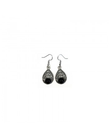 Boucles d'oreilles pendantes en métal argenté ciselé serties de pierres noir 