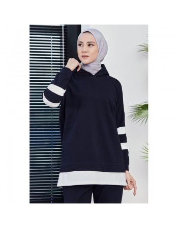 Survêtement femme deux pièces bicolore à capuche (Ensemble sport pas cher - Mode musulmane) - Couleur bleu marine avec... 