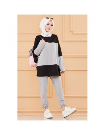 Ensemble sweat et pantalon pour femme (Tenue de sport musulmane pour hidjab) - Couleur noir et gris 