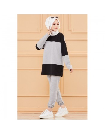 Ensemble sweat et pantalon pour femme (Tenue de sport musulmane pour hidjab) - Couleur noir et gris 