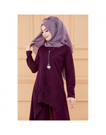 Ensemble découpé au laser : Tunique et pantalon assorti pour femme (Vêtement hijab classique) - Couleur prune 