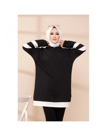 Tunique décontractée avec capuche (Vetement hijab) - Couleur noir avec bandes blanches 