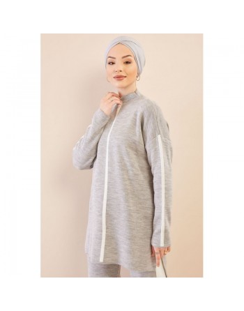 Ensemble survêtement ample pour femme - Couleur gris avec bandes blanches 