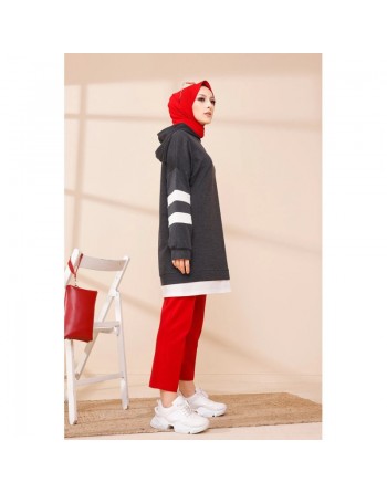 Tunique décontractée avec capuche (Sweat long pour hijab) - Couleur anthracite avec bandes blanches 