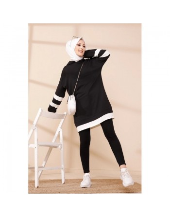 Tunique décontractée avec capuche (Vetement hijab) - Couleur noir avec bandes blanches 