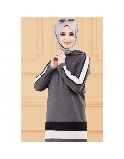 Ensemble décontracté pour femme : Tunique à capuche et Pantalon (Tenue sport Hijab) - Couleur anthracite 