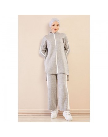 Ensemble survêtement ample pour femme - Couleur gris avec bandes blanches 