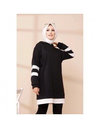 Tunique décontractée avec capuche (Vetement hijab) - Couleur noir avec bandes blanches 