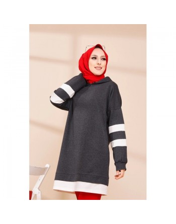 Tunique décontractée avec capuche (Sweat long pour hijab) - Couleur anthracite avec bandes blanches 