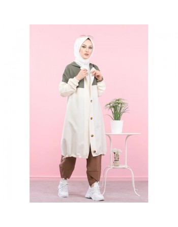 Veste longue bicolore à capuche (Vetement islamique pour femme) - Couleur blanc et kaki 