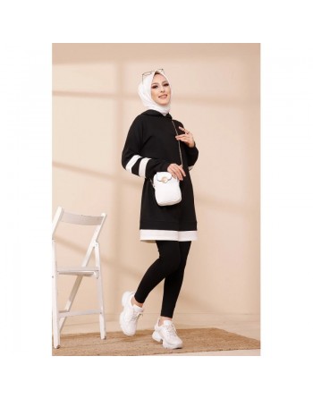 Tunique décontractée avec capuche (Vetement hijab) - Couleur noir avec bandes blanches 
