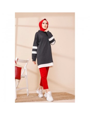 Tunique décontractée avec capuche (Sweat long pour hijab) - Couleur anthracite avec bandes blanches 