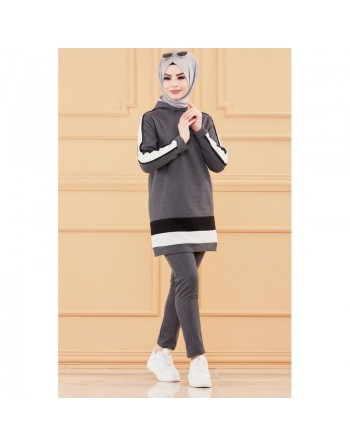 Ensemble décontracté pour femme : Tunique à capuche et Pantalon (Tenue sport Hijab) - Couleur anthracite 