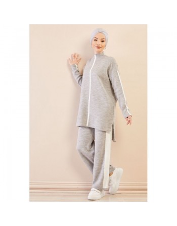 Ensemble survêtement ample pour femme - Couleur gris avec bandes blanches 