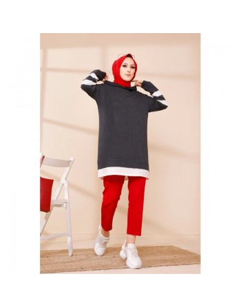 Tunique décontractée avec capuche (Sweat long pour hijab) - Couleur anthracite avec bandes blanches 