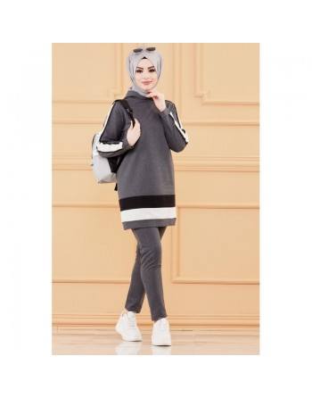 Ensemble décontracté pour femme : Tunique à capuche et Pantalon (Tenue sport Hijab) - Couleur anthracite 