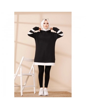 Tunique décontractée avec capuche (Vetement hijab) - Couleur noir avec bandes blanches 
