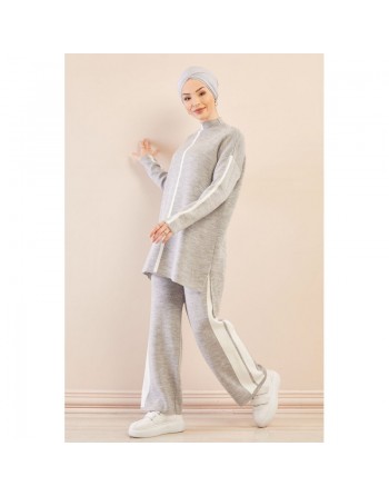 Ensemble survêtement ample pour femme - Couleur gris avec bandes blanches 