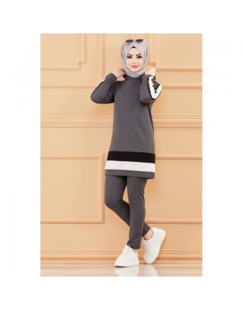 Ensemble décontracté pour femme : Tunique à capuche et Pantalon (Tenue sport Hijab) - Couleur anthracite 