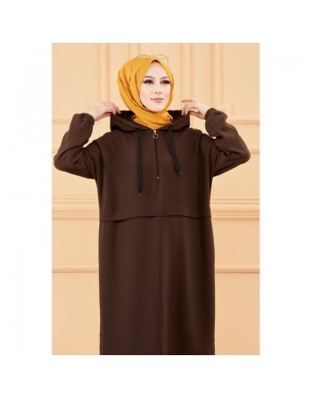Tunique ample avec capuche (Tenue décontractée et sport pour femme musulmane) - Couleur marron 