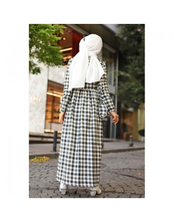 Ensemble Robe à carreaux avec sac à main assorti - Couleur blanc, noir et kaki 