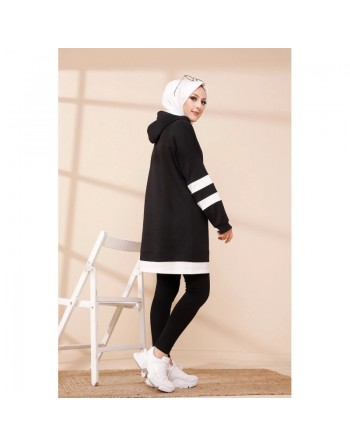 Tunique décontractée avec capuche (Vetement hijab) - Couleur noir avec bandes blanches 