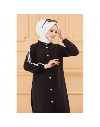 Ensemble casual moderne noir : Tunique boutonnée - chemise longue et son pantalon - Vêtement Hijab ample pour femme 