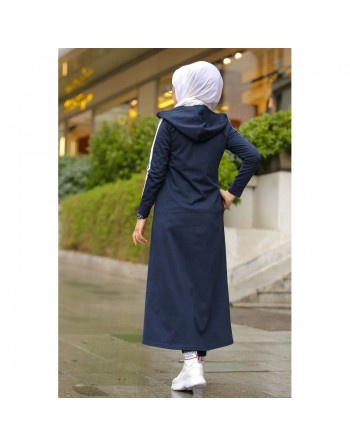 Veste longue zippée style sportswear (Robe Sport pour femme voilée) - Couleur bleu marine 