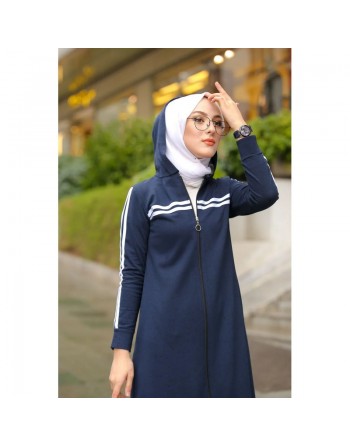 Veste longue zippée style sportswear (Robe Sport pour femme voilée) - Couleur bleu marine 