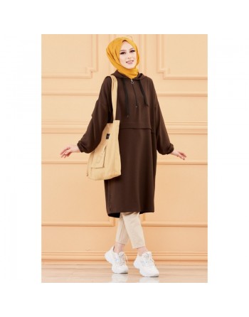 Tunique ample avec capuche (Tenue décontractée et sport pour femme musulmane) - Couleur marron 