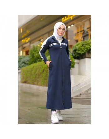 Veste longue zippée style sportswear (Robe Sport pour femme voilée) - Couleur bleu marine 