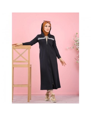 Veste longue zippée style sportswear (Robe Sport pour femme voilée) - Couleur noir 