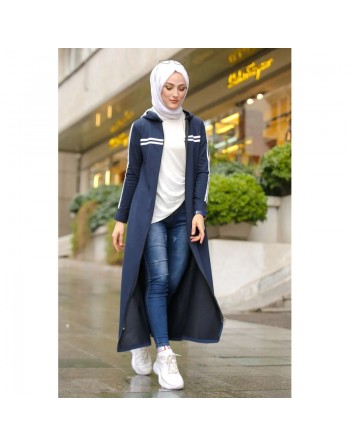 Veste longue zippée style sportswear (Robe Sport pour femme voilée) - Couleur bleu marine 