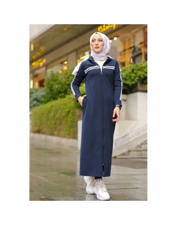 Veste longue zippée style sportswear (Robe Sport pour femme voilée) - Couleur bleu marine 