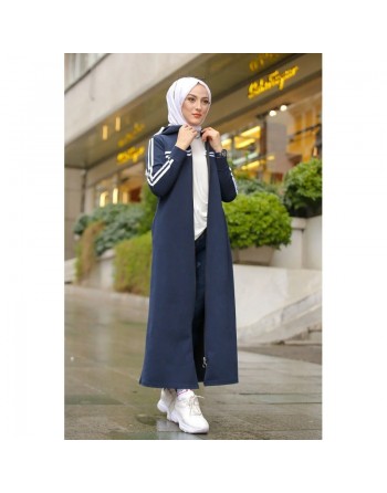 Veste longue zippée style sportswear (Robe Sport pour femme voilée) - Couleur bleu marine 