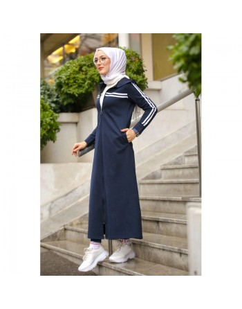 Veste longue zippée style sportswear (Robe Sport pour femme voilée) - Couleur bleu marine 